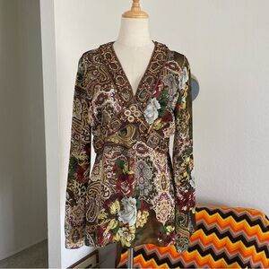 Y2K ECI New York Boho Fairy Peasant Printed Silk Wooden Beaded Blouse